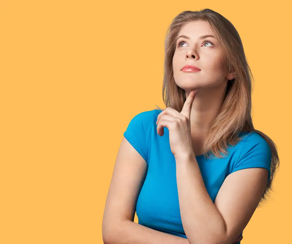 Thoughtful young woman pondering, representing social media marketing strategies and digital engagement concepts.