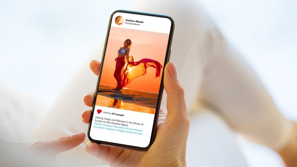 Stunning sunset selfie of a fashion model on Paradise Beach, capturing vibrant colors and beach vibes, perfect for social media marketing and travel content.